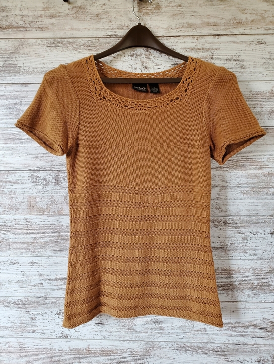 Guide Series Sweaters - Guide Series Toffee Brown Knit Short Sleeve Top Crochet Neck